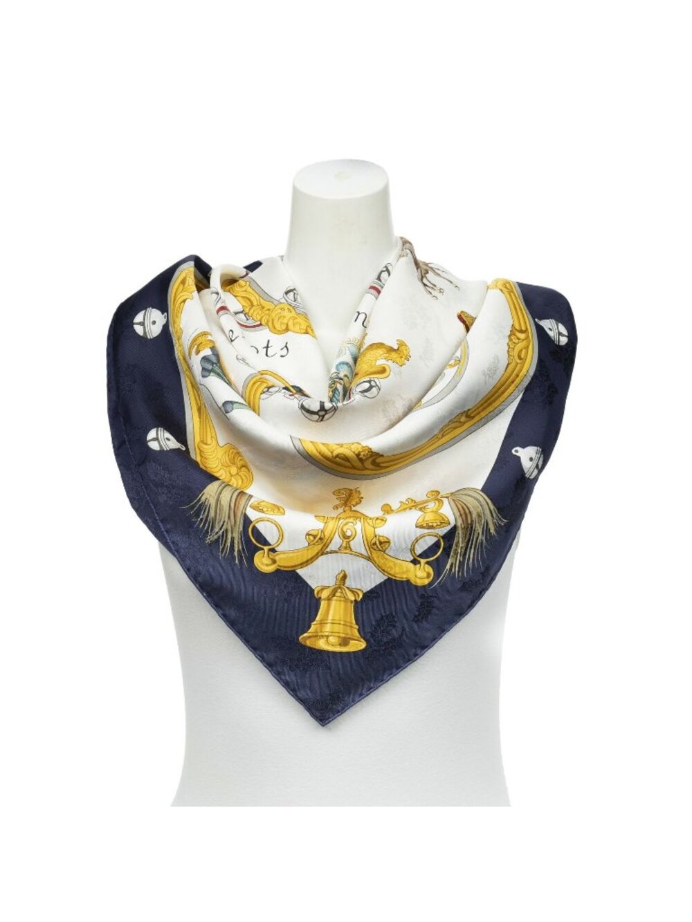 Hermes Scarf Navy White Yellow Jacquard Silk